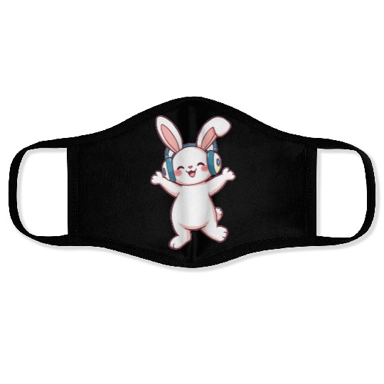 Joyful Bunny with Headphones Face Masks