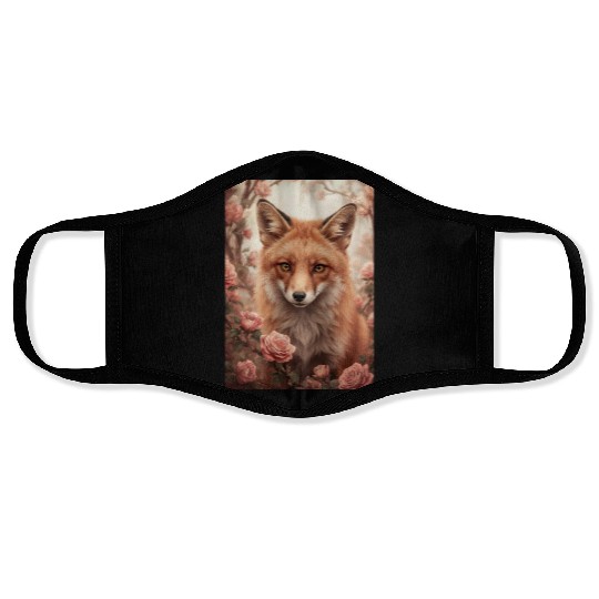 Red Fox Among Roses Face Masks