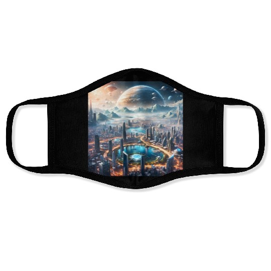 Futuristic Cityscape with Alien Planets Sci-Fi Face Masks