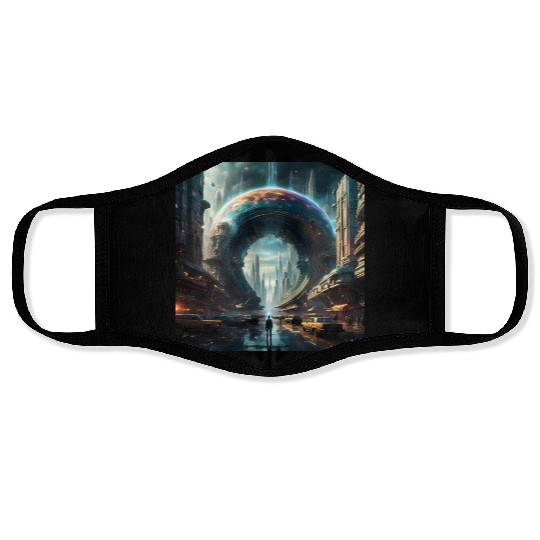 Future Portal In Alien City with Circular Gateway Face Masks