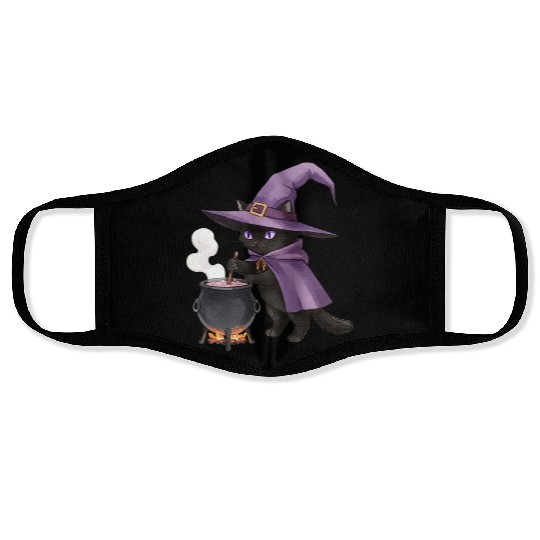 Enchanted Black Cat Witch Illustration Face Masks
