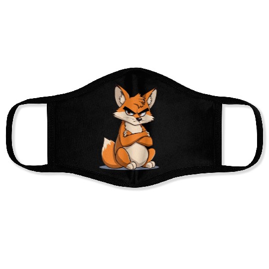 Grumpy cartoon Fox with serious expression Face Masks