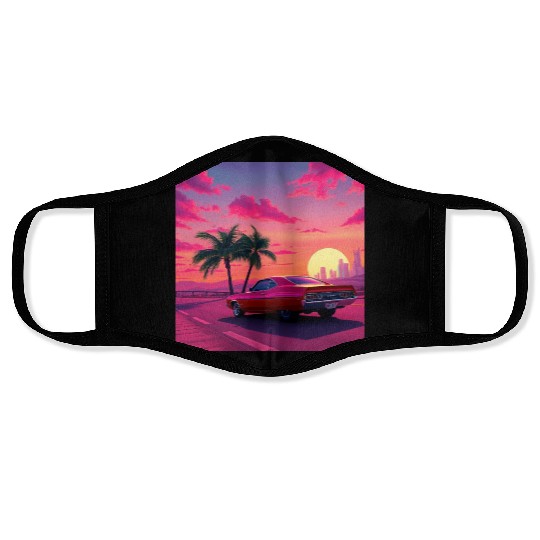 Neon Drift Sunset on the Synthwave Highway Face Masks