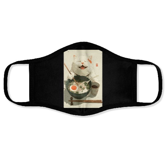 Happy White Cat Eating Ramen Face Masks