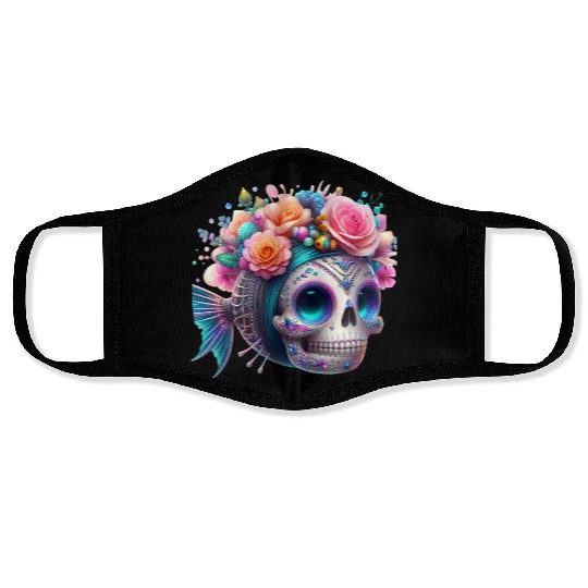 Colorful Sugar Skull with Floral Crown Face Masks