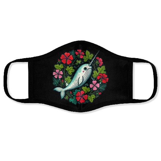 Whimsical Narwhal Amid Floral Bloom Face Masks