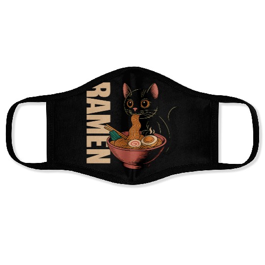 Black Cat Ramen Illustration Face Masks