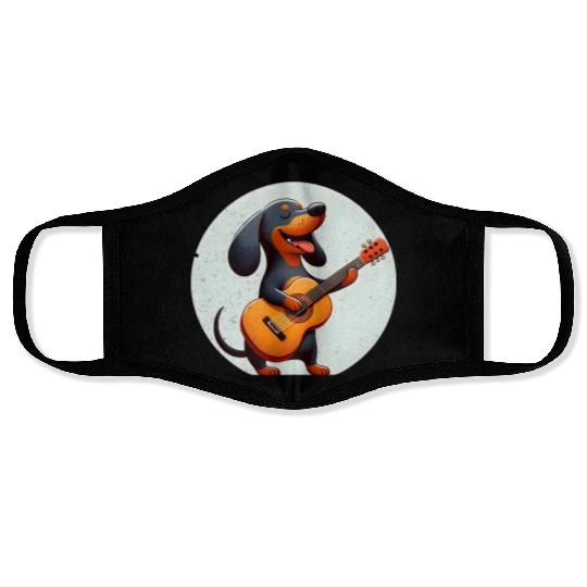 Playful Dachshund Guitar Badge Face Masks