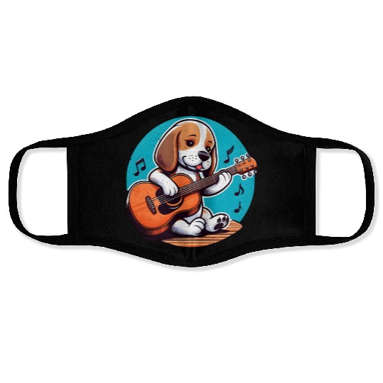 Playful Puppy Guitar Illustration Face Masks