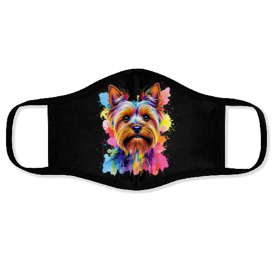 Vibrant Yorkie Portrait Art Face Masks