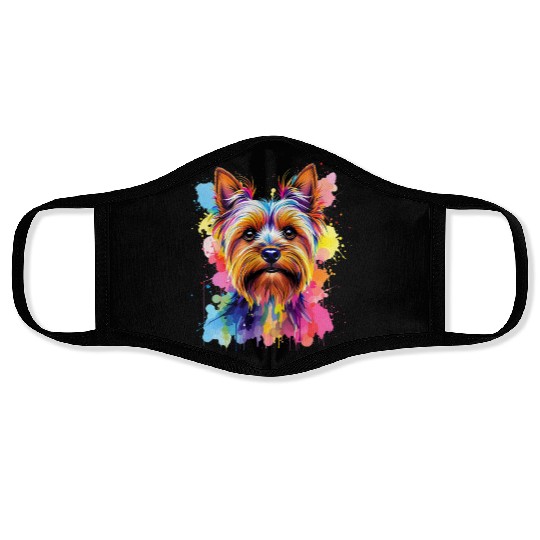 Vibrant Yorkie Portrait Art Face Masks