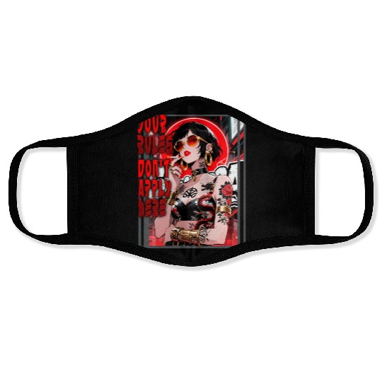 cyberpunk illustration of a powerful young woman Face Masks