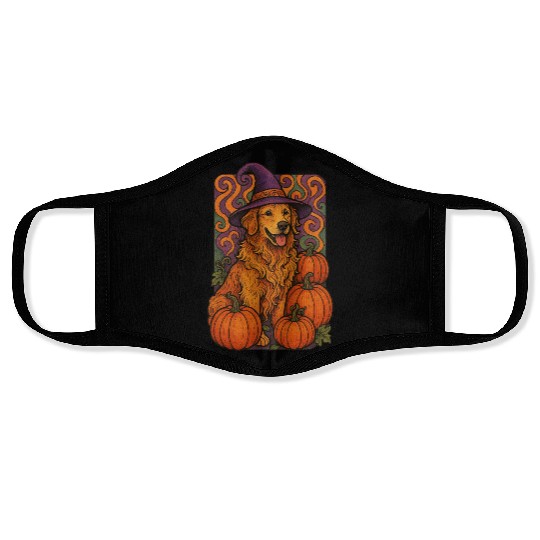 Halloween Wizard Golden Retriever with Pumpkins Face Masks