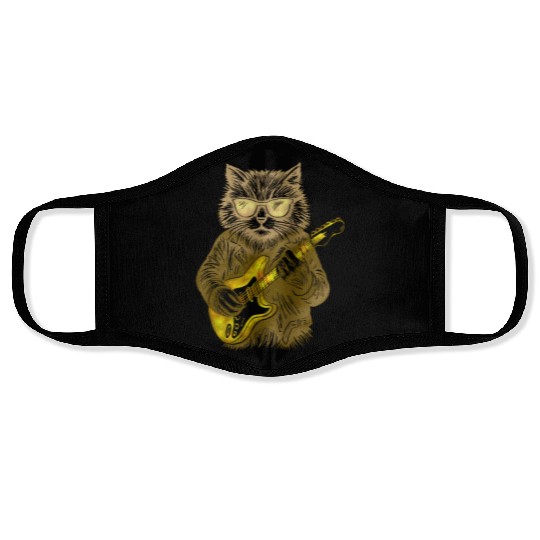Funny Cat with sun glasses playing electric guitar Face Masks