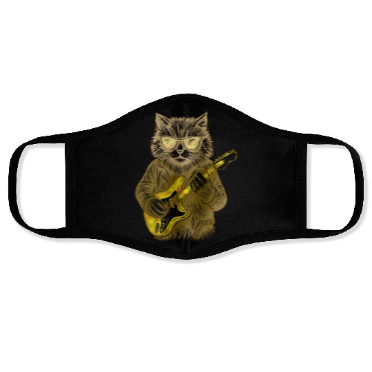 Funny Cat with sun glasses playing electric guitar Face Masks