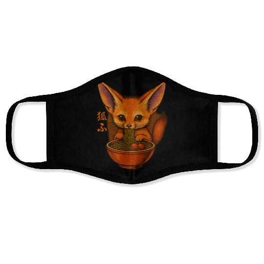 Cute Fox Eating Noodles Illustration Face Masks