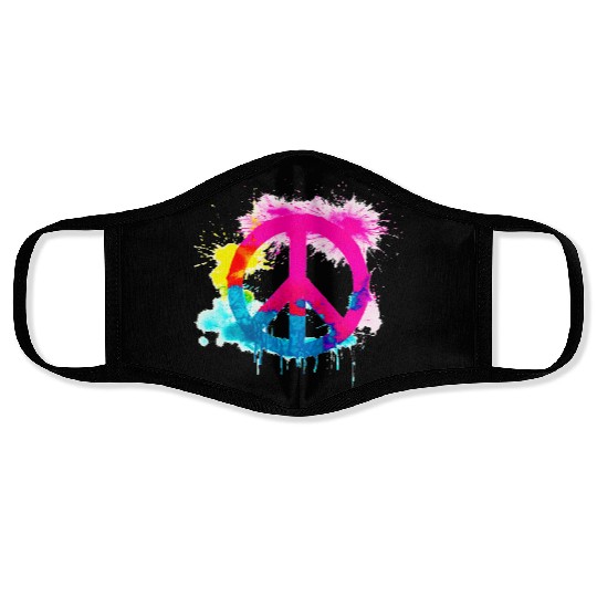 Peace sign neon colors groovy spray paint splatter Face Masks