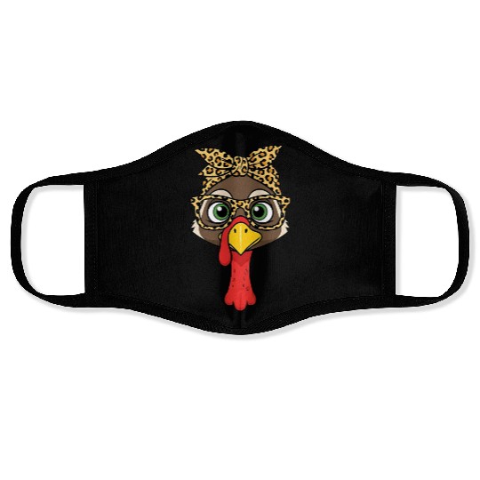 Leopard Print Turkey with Glasses and Headscarf Face Masks