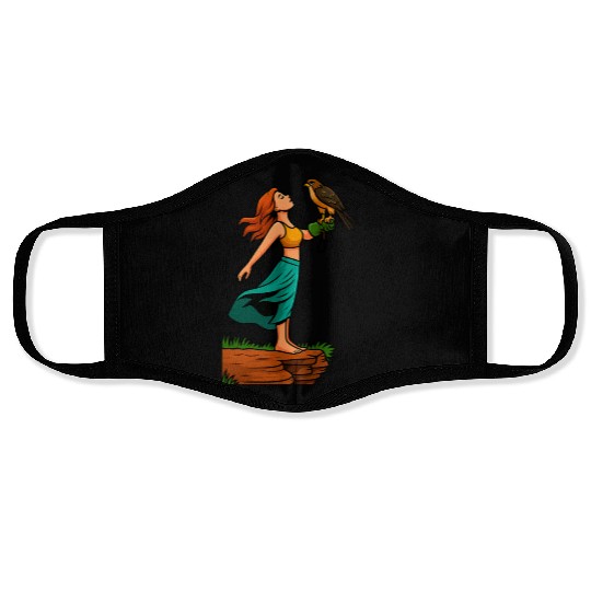 Woman with Hawk on Arm in Nature Scene Face Masks