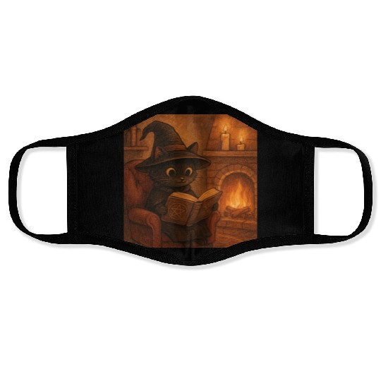 Enchanted Cat Witch by the Fireplace Face Masks