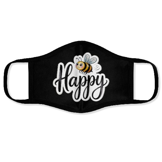 Whimsical Bee and Happy Text Artwork Face Masks