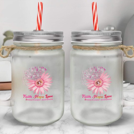 Faith Hope Love Breast Cancer Awareness Flower Pin Mason Jar Cups