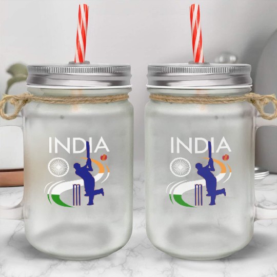 India Cricket With Indian Flag Brush Stroke Mason Jar Cups