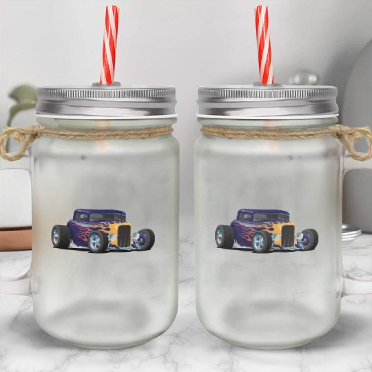 Vintage Hot Rod Car with Classic Flames Mason Jar Cups