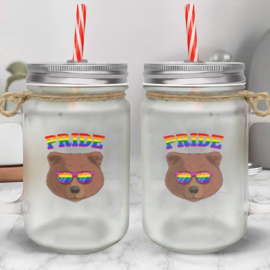 Gay Pride Grizzly Bear with LGBT Rainbow Mason Jar Cups