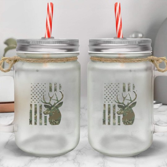Camo American Flag Buck Hunting Gift For Elk Deer Mason Jar Cups