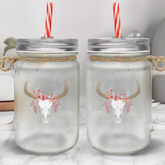 Floral Cow Skull With Feathers Bull Skull Mason Jar Cups