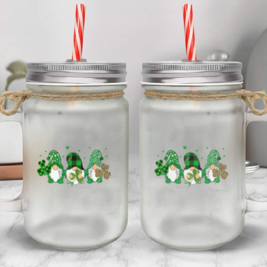 Three Gnomes Holding Shamrock Leopard Plaid Mason Jar Cups