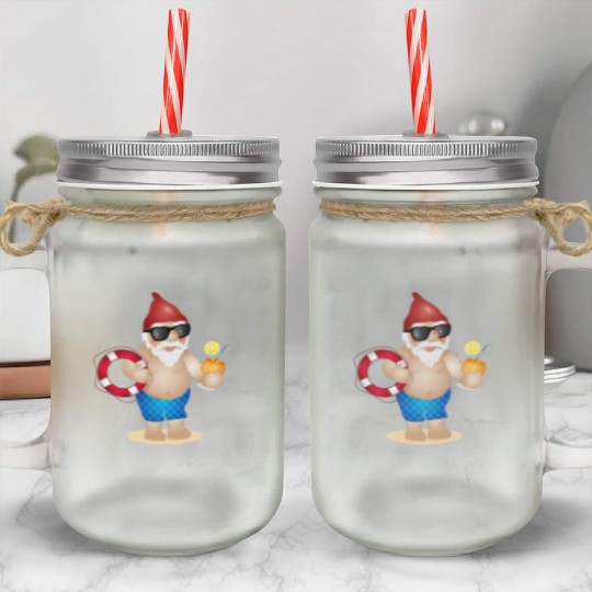 Garden gnome with swimming trunks and lifebuoy Mason Jar Cups