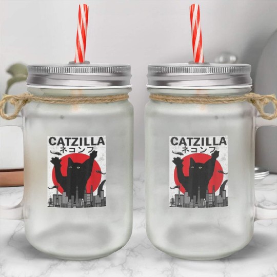 Vintage Catzilla Japanese Sunset Style Mason Jar Cups