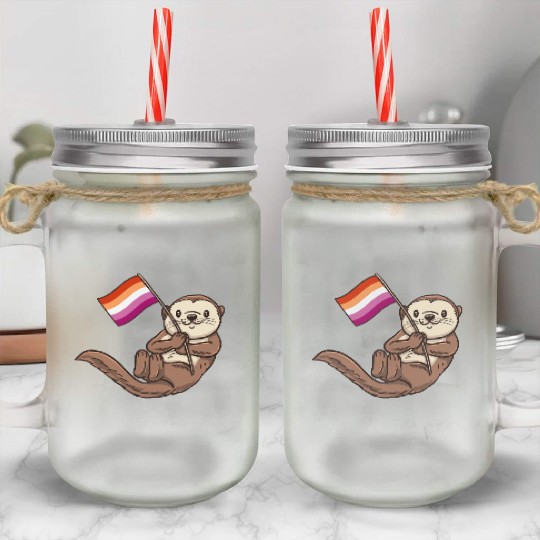 Lesbian Sea Otter With Orange Pink Lesbian Mason Jar Cups