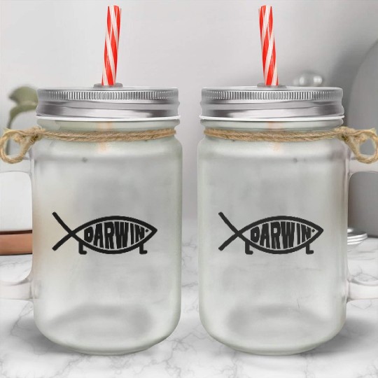 Darwin Fish with legs - Atheism Evolution Theory Mason Jar Cups