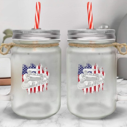 Locomotive Train US Flag 4th Of July Mason Jar Cups