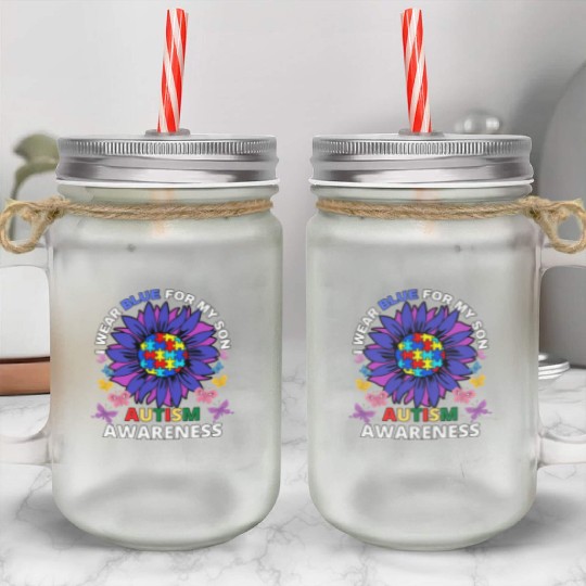 sunflower i wear blue for my son autism awareness Mason Jar Cups