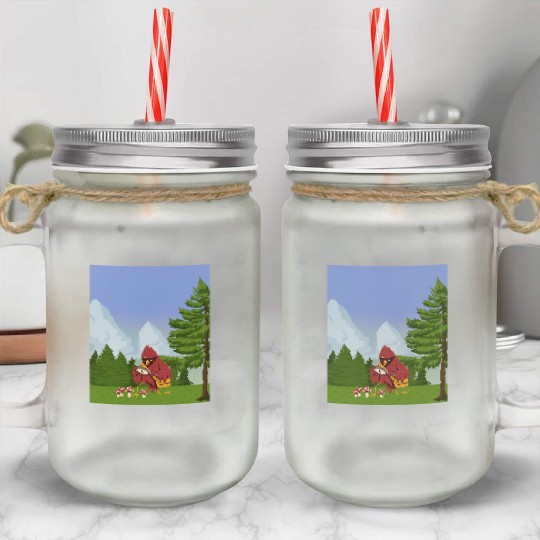 Cardinal Bird Foraging Collecting Mushrooms Mason Jar Cups