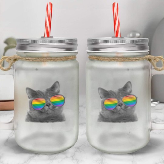 Cat LGBT Sunglasses Gay Pride Rainbow Flag Mason Jar Cups
