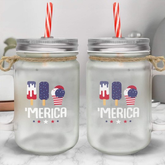 Merica Ice Cream Lover Popsicles US Flag Mason Jar Cups