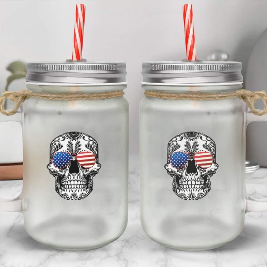 Skull American Flag Glasses Sugar Skull US Stars Mason Jar Cups
