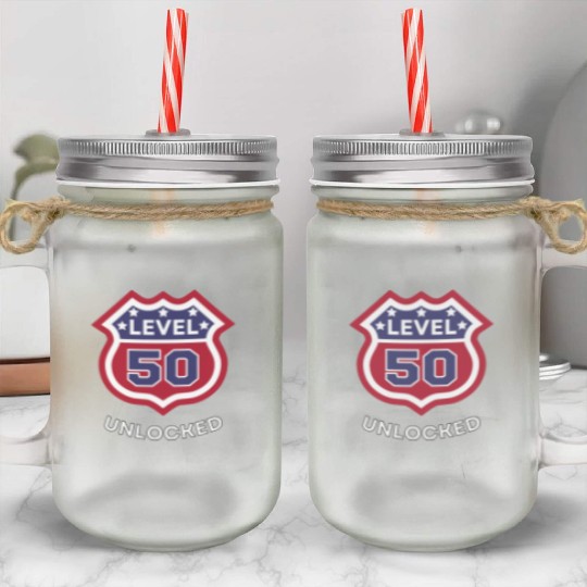 Funny 50th Birthday level 50 unlocked Mason Jar Cups
