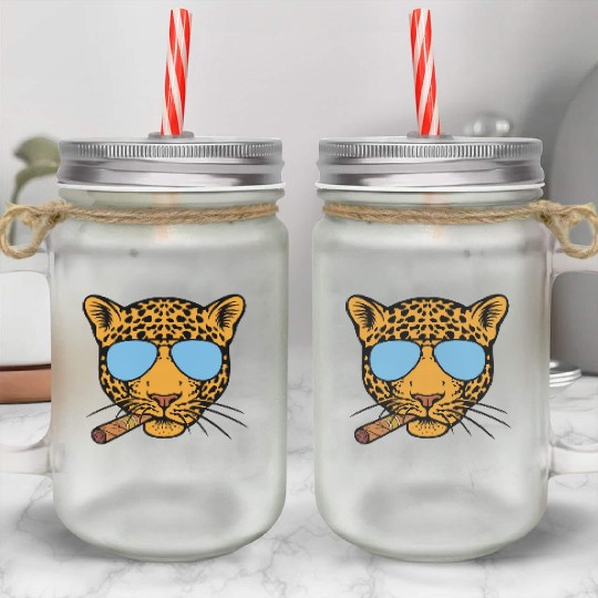 Jaguar with aviator sunglasses and Cuban cigar Mason Jar Cups