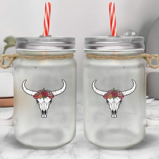 Floral bull skull Mason Jar Cups
