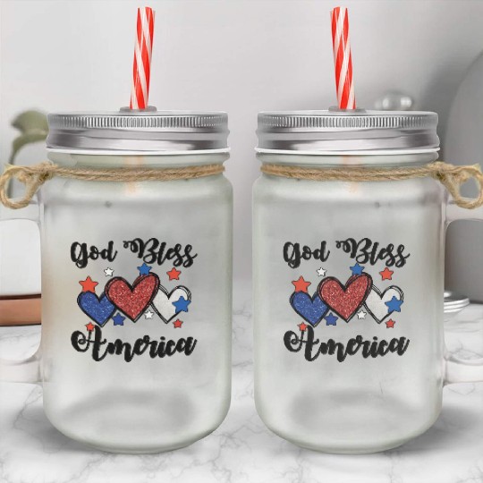 God Bless America Patriotic USA Hearts 4th of July Mason Jar Cups