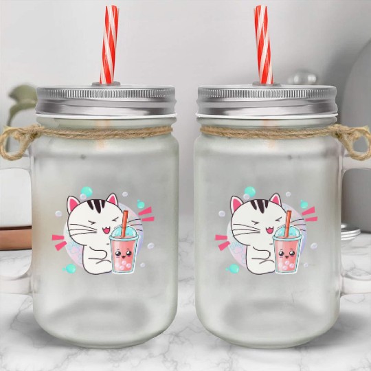 Kawaii Anime Cat Bubble Tea Fan Mason Jar Cups