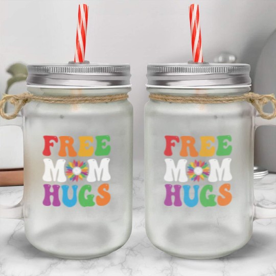 Free Mom Hugs Sunflower Rainbow LGBT Lesbian Gay Mason Jar Cups