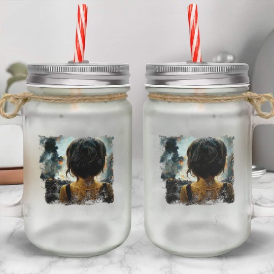 Kid in war looking at explosion 2 AI painting Mason Jar Cups