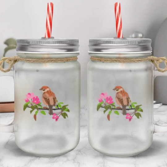 Sparrow on a branch pink flowers of an apple tree Mason Jar Cups